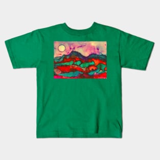 Abstract landscape painting with moon and mountains in alcohol inks Kids T-Shirt